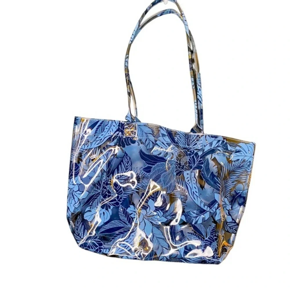 PINK VS blue white tropical clear beach tote bag 18” wide 13” tall EUC